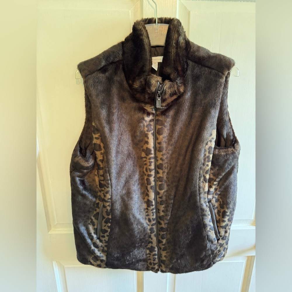 Charter Club Brown Faux Fur Vest with Leopard Side Panels